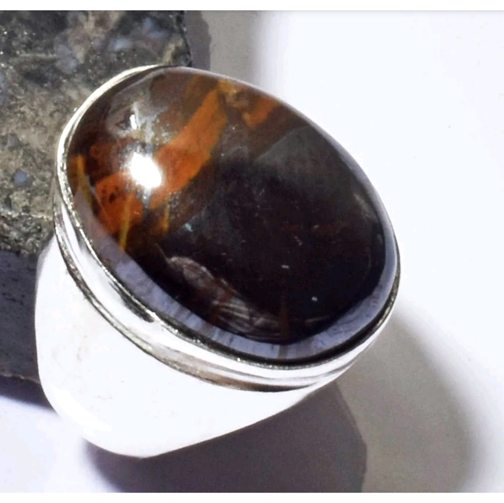 New size 8 iron tigers eye sterling silver ring